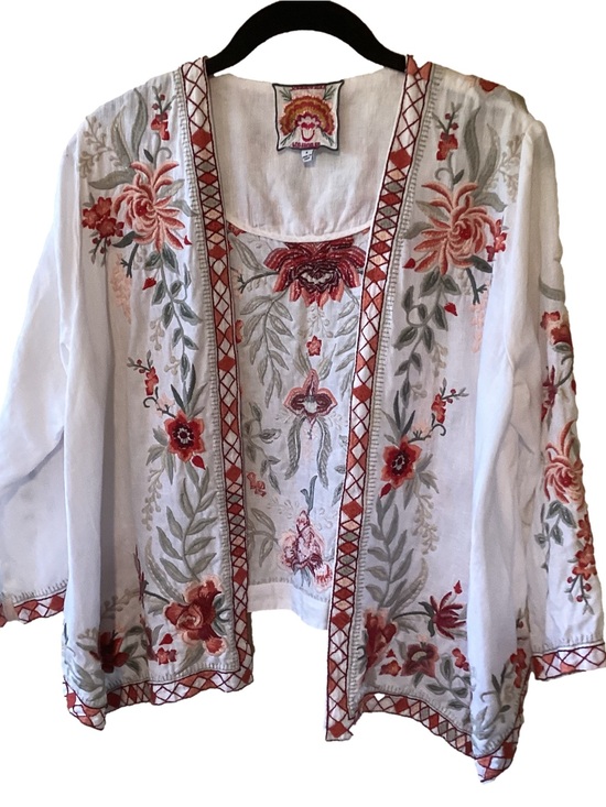 Johnny Was Jackets & Blazers - Johnny Was 100% Linen Floral Embroidered Kimono Cardigan S Boho Hi-Low waterfall
